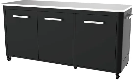 cozze Außenarbeits­tisch mit 3 Türen und 6 Rädern, Edelstahl/Schwarz/Grau